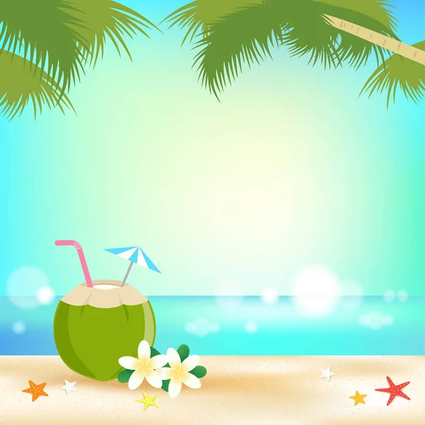 Sommer Hintergrund Banner und Rahmen mit jungen Kokosnusssaft und Meereselementen — Stockvektor