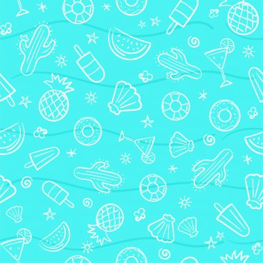 Şirin sorunsuz yaz desen dalga deniz, ananas, kokteyller, kaktüs, dondurma, deniz kabuğu, karpuz, resimde çizilmiş Dikişsiz desen arka plan vektör biçimi de dahil olmak üzere Yaz elemanları ile