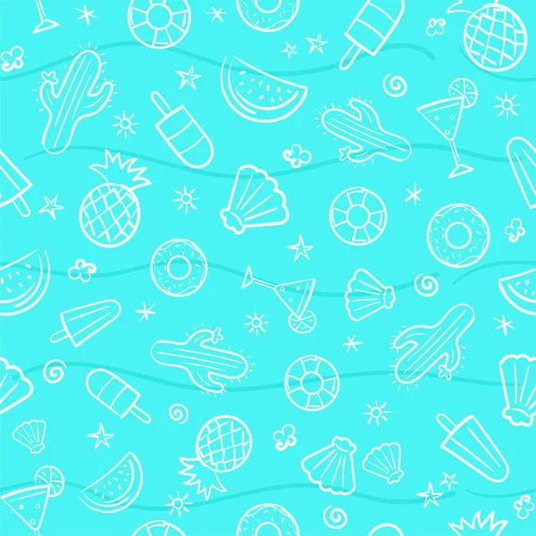 Mignon motif d'été sans couture avec des éléments d'été, y compris vague de mer, ananas, cocktails, cactus, glace, coquille de mer, pastèque, illustration dessinée à la main format vectoriel motif sans couture — Image vectorielle