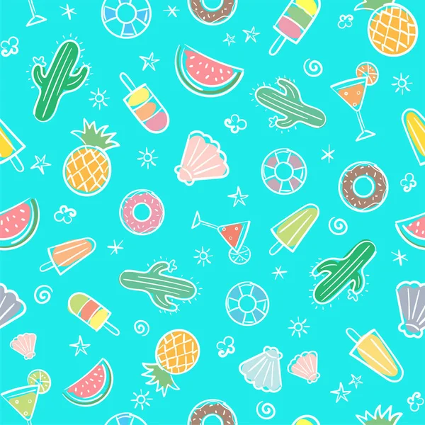 Cute seamless summer pattern with summer elements including sea wave, pineapple, cocktails, cactus, icecream, sea shell, watermelon, hand-drawn illustration seamless pattern background vector format — Stock Vector