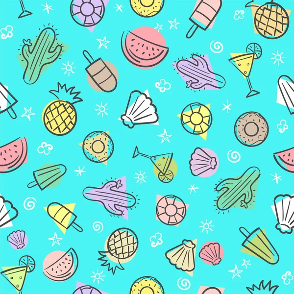 Mignon motif d'été sans couture avec des éléments d'été, y compris vague de mer, ananas, cocktails, cactus, glace, coquille de mer, pastèque, illustration dessinée à la main format vectoriel motif sans couture — Image vectorielle