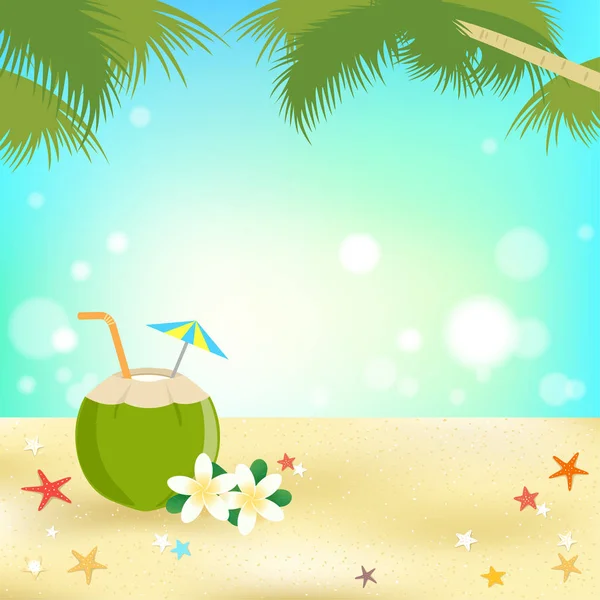Summer background banner and frame with young coconut juice and sea elements — Stock Vector