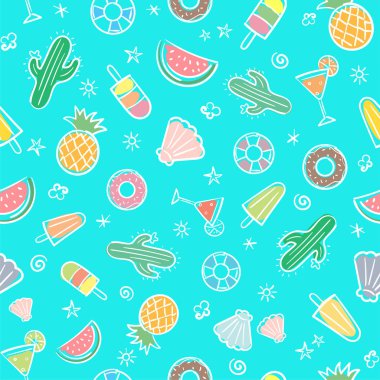 Şirin sorunsuz yaz desen dalga deniz, ananas, kokteyller, kaktüs, dondurma, deniz kabuğu, karpuz, resimde çizilmiş Dikişsiz desen arka plan vektör biçimi de dahil olmak üzere Yaz elemanları ile