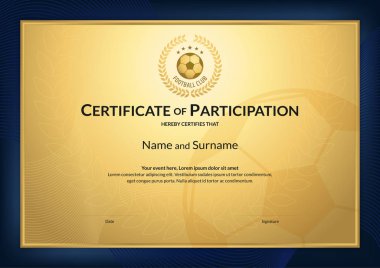 Sertifika şablonunda futbol spor tema altın arka plan ve mavi sınır çerçeve, Diploma tasarım