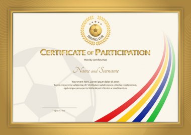 Sertifika şablonunda futbol spor renkli şerit Tema altın sınır çerçeve, Diploma tasarım ile