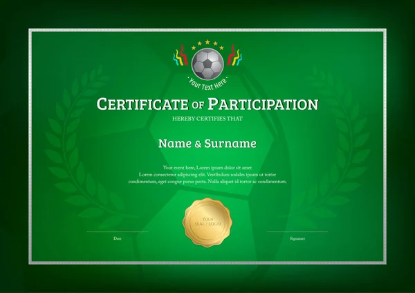Plantilla Certificado Tema Deporte Fútbol Con Marco Borde Fondo Verde — Archivo Imágenes Vectoriales