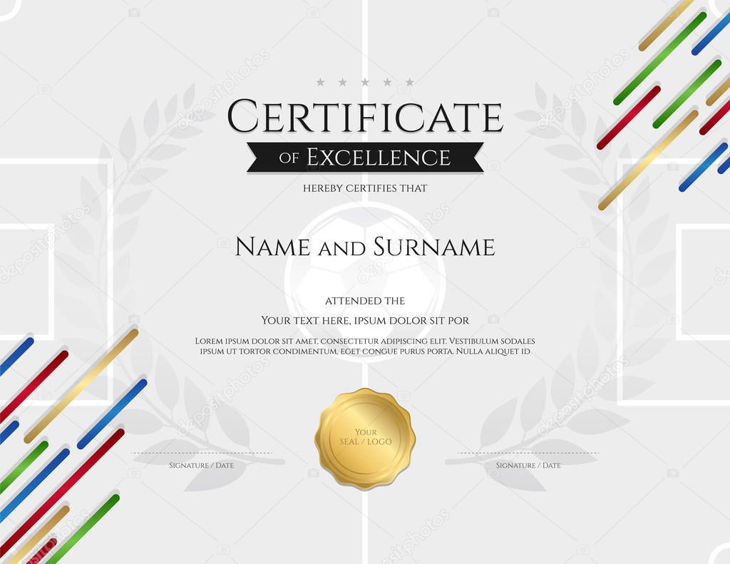 Certificate template in football sport theme with sport color stripe theme background, Diploma design