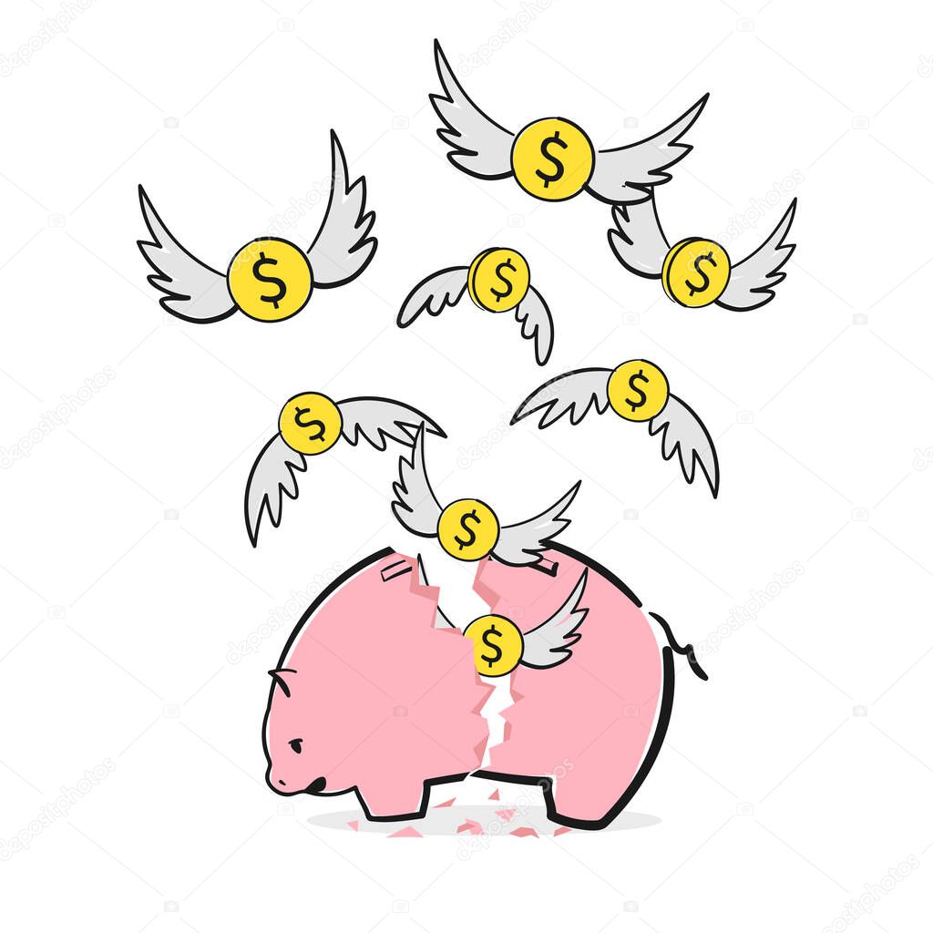 A broken saving money piggy bank, Dollars money coins with wings flying away. An overspending illustration idea for losing money, bankruptcy. Financial illustration