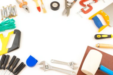 Onarım kavramı. Reklam evi tamir araçları için arka plan. Nesneleri izole edilmiştir ve kırpma yolu kolay çıkarma için sağlanan.