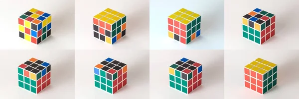 Rubik Kocka Fehér Alapon Megoldás Sorrendben Színpadon Egy Nyolc Színpadon — Stock Fotó