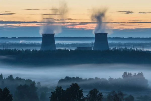 Güzel, canlı ve parlak bir manzara ya da çalılar ve ağaçlar arasında sis veya sis ile yükselen güneşin arka planında serinletici termik güç kuleleri manzarası