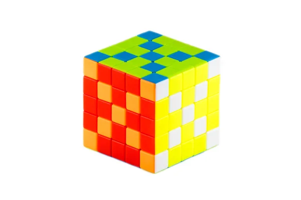 Cubo Rubik Cinco Sobre Cinco Fondo Blanco Camino Solución Objeto — Foto de Stock