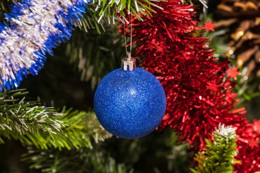 The christmas tree toy, blue ball or sphere on the fluffy artificial pine or fur branch ornament with red and blue garland 