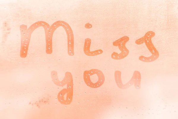 Romantic Inscription Miss You Orange Pink Evening Morning Window Glass — 스톡 사진