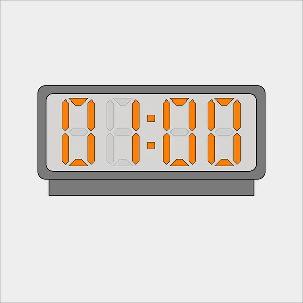  Açık gri arkaplanda zamanı gösteren turuncu şekilli dijital saat veya alarm görüntüsü. Bir saat sonra.
