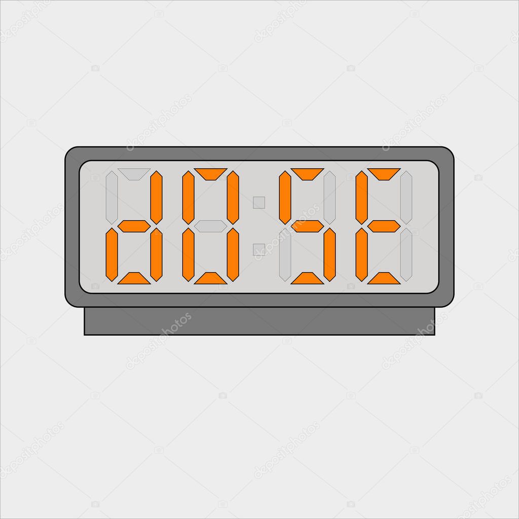   Vector image or picture of digital clock or alarm with orange letters showing text on the light grey background. Stylized word dose on digital or electronic device