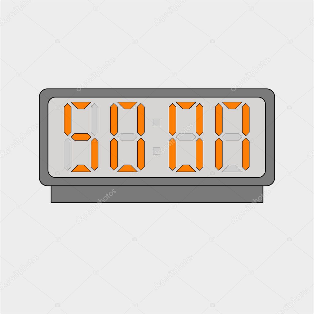   Vector image or picture of digital clock or alarm with orange letters showing text on the light grey background. Stylized soon on digital or electronic device