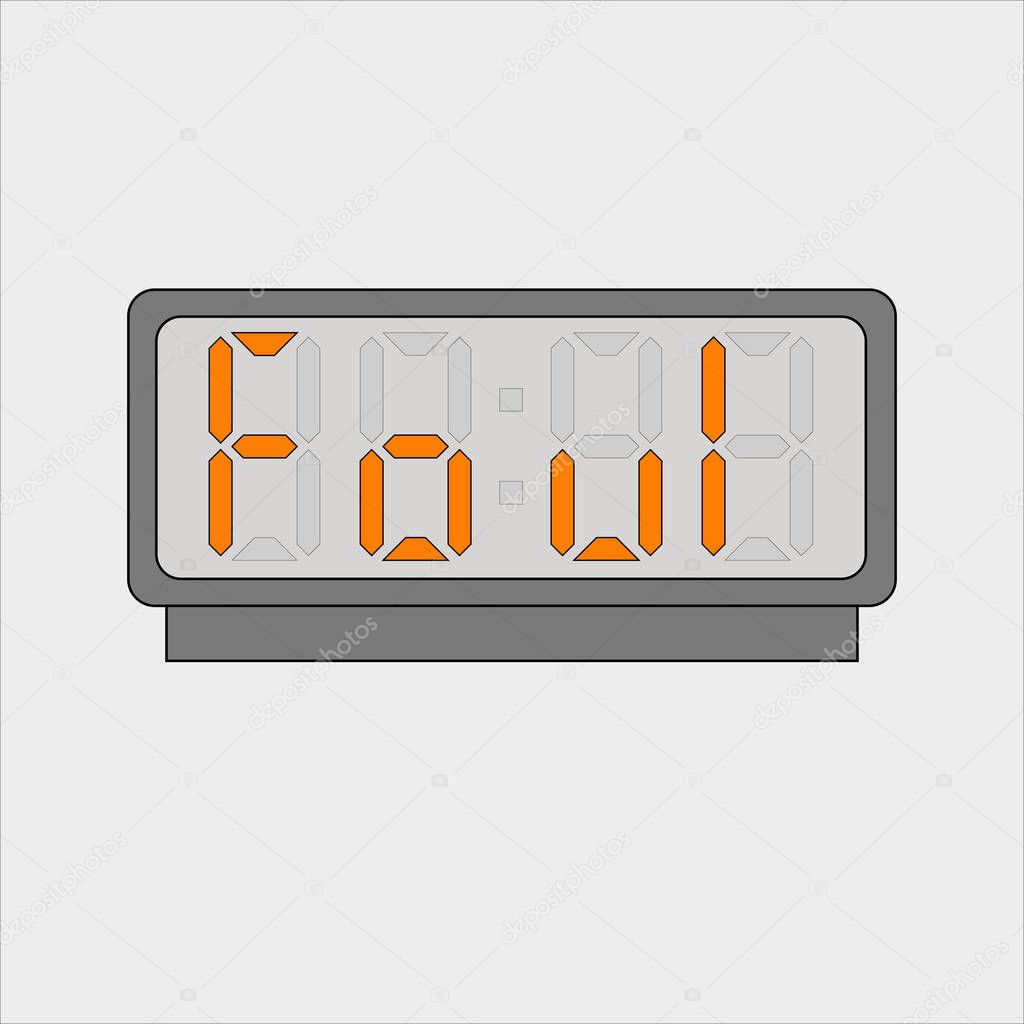 Vector image or picture of digital clock or alarm with orange letters showing text on the light grey background. Stylized word foul on digital or electronic device