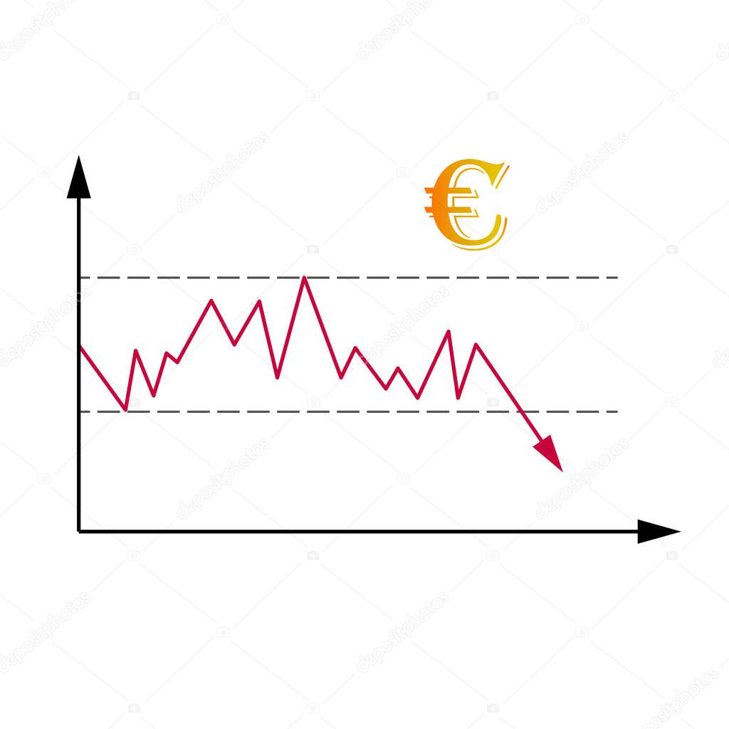 Market diagram of trade rate or price trend changing. Illustration of falling of the price of national European Union currency euro