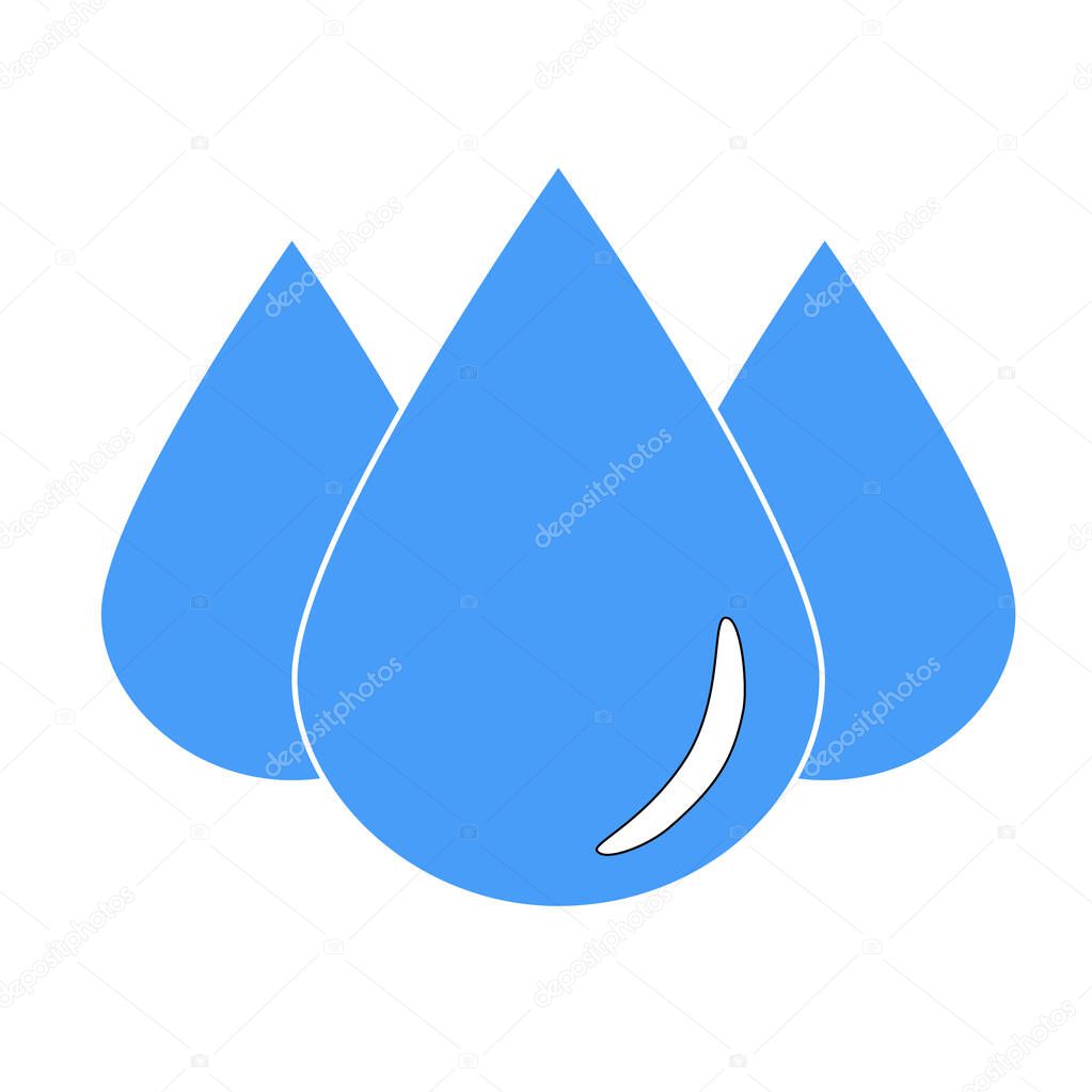 Three blue water drops or dropplet on white background. Clear water or rain logo, sign or emblem