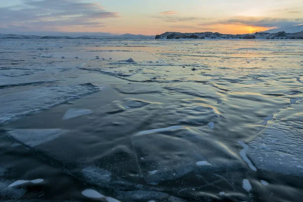 Coucher Soleil Sur Glace Baïkal Glace Baïkal Comme Une Courtepointe — Photo