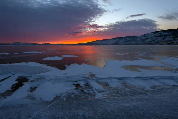 Sunset Baikal Lake Black Ice Powdered Snow — Stock Photo, Image