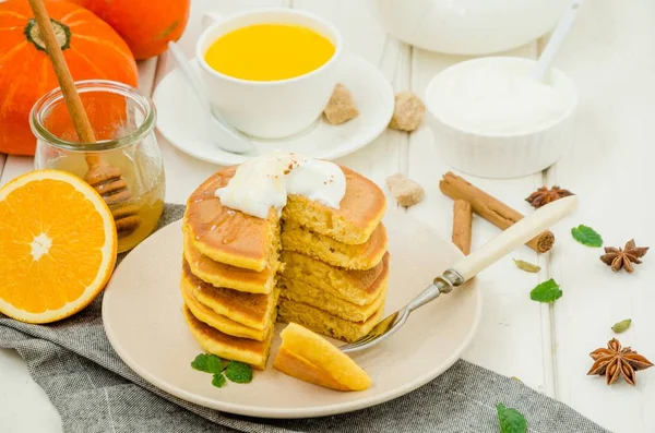 Stack Spicy Pumpkin Pancakes Plate Honey Whipped Cream White Wooden — Stock Photo, Image