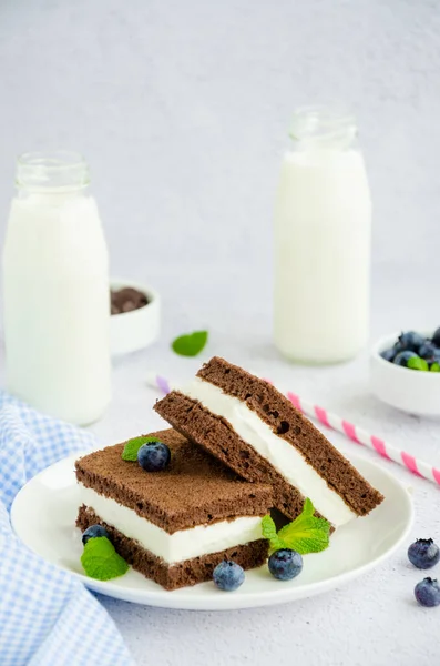 Bolo Chocolate Com Creme Leite Recheio Prato Branco Com Mirtilos — Fotografia de Stock