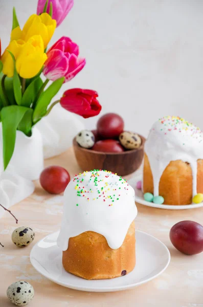 Composición Pascua Pastel Pascua Kulich Tradicional Ruso Ucraniano Con Huevos — Foto de Stock