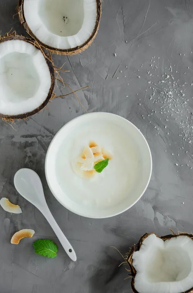 Homemade coconut yogurt in a bowl with crispy coconut chips on top on a dark concrete background. Healthy breakfast. Vegan food. Vertical orientation. Top view. Copy space