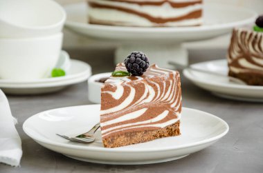 No baked zebra marble cheesecake with vanilla and chocolate layers on a white plate on a concrete background. Horizontal orientation. Close up. clipart