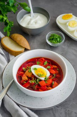 Sebzeli pancar çorbası, haşlanmış yumurta, ekşi krema ve koyu beton arka planda bir kasede yeşil soğan. Dikey yönelim