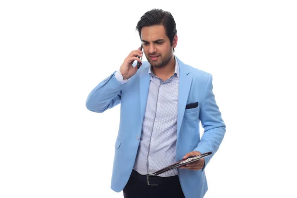 Arabische Zakenman Praten Mobiele Telefoon Geïsoleerd Wit — Stockfoto