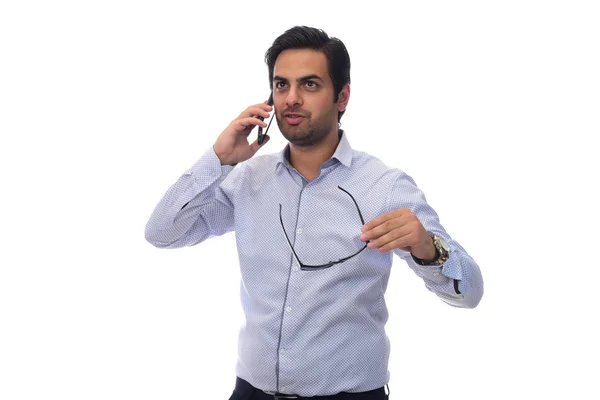 Uomo Affari Arabo Che Parla Cellulare Isolato Bianco — Foto Stock