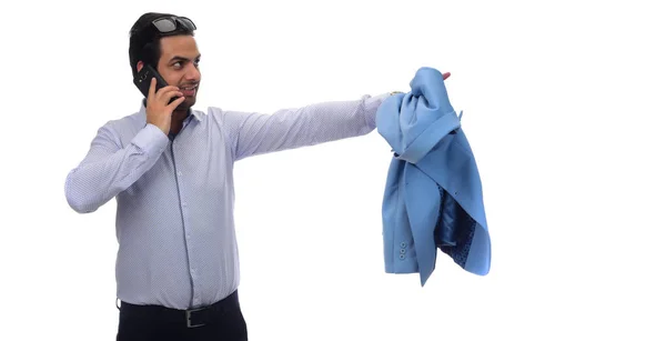 Арабский Бизнесмен Разговаривает Телефону Изолированные Белом — стоковое фото