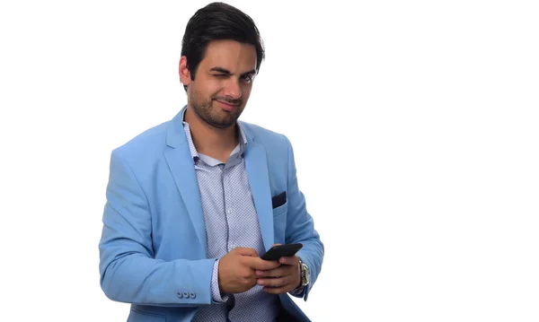Arabische Zakenman Met Behulp Van Mobiele Telefoon Geïsoleerd Wit — Stockfoto