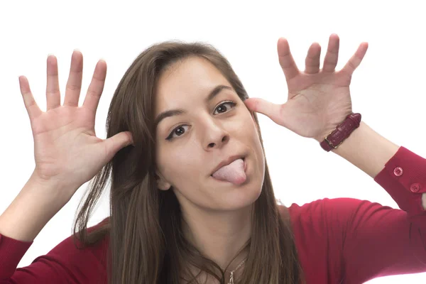 Jonge Vrouw Maken Van Grappige Gezicht Verlegenheid Gebracht — Stockfoto