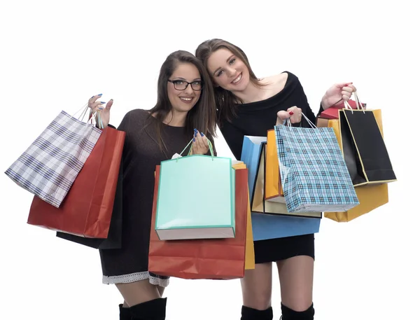 Glad Brunett Kvinnor Med Shoppingkassar Isolerad Vit Bakgrund — Stockfoto