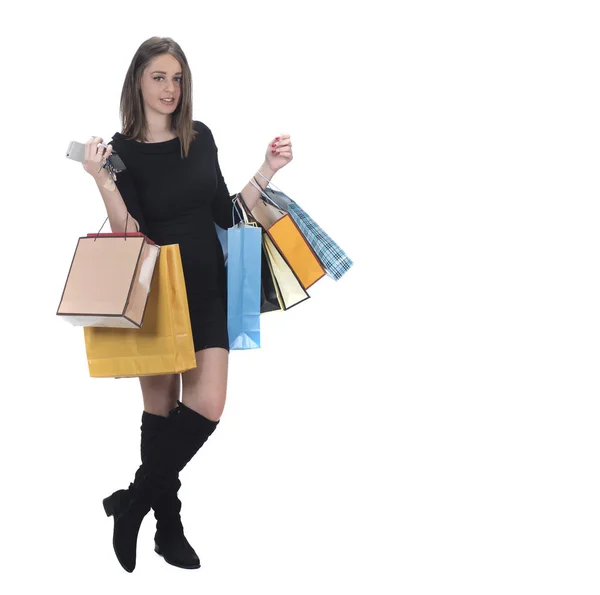 Bruna Donna Con Shopping Bags Isolato Sfondo Bianco — Foto Stock