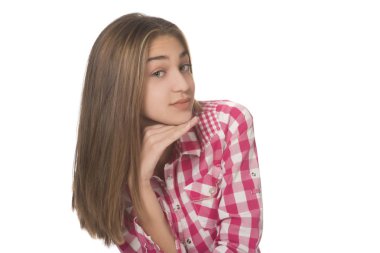 Genç kız Studio beyaz arka plan üzerinde poz