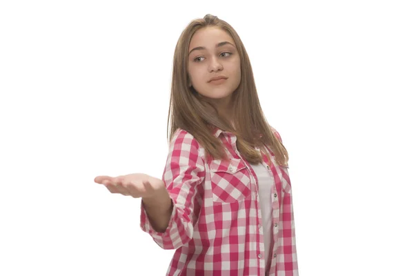 Advertising Teenage Girl White Background — Stock Photo, Image