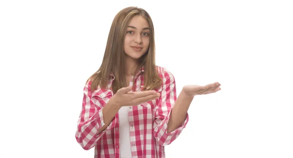 Advertising Teenage Girl White Background — Stock Photo, Image