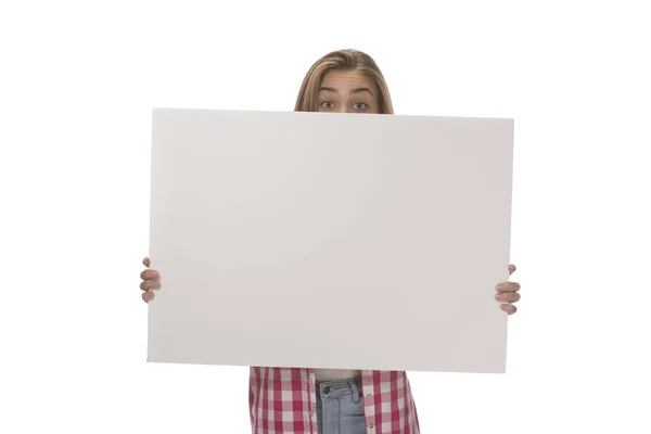 Young Woman Holding Empty White Board Card Isolated White — Stock Photo, Image