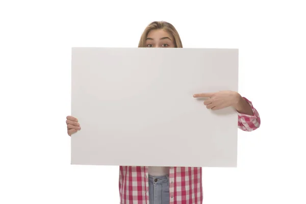 Young Woman Holding Empty White Board Card Isolated White — Stock Photo, Image