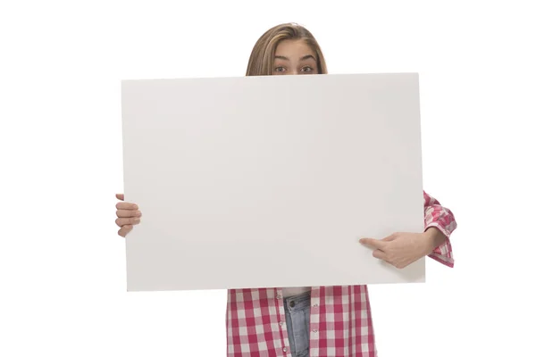 Young Woman Holding Empty White Board Card Isolated White — Stock Photo, Image