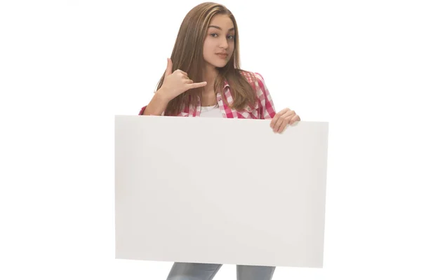 Young Woman Holding Empty White Board Card Isolated White — Stock Photo, Image