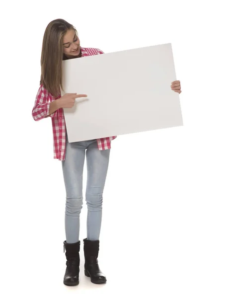 Young Woman Holding Empty White Board Card Isolated White — Stock Photo, Image