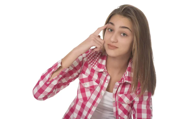 Jonge Vrouw Met Telefoon Kijken Naar Camera Witte Achtergrond — Stockfoto