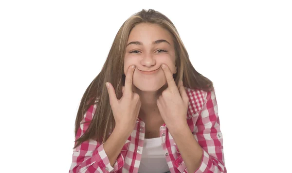 Uma Jovem Bonita Faz Sorriso Fundo Branco — Fotografia de Stock