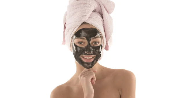 Mooi Meisje Met Zwarte Cosmetische Gezichtsmasker Beauty Concept Geïsoleerd Witte — Stockfoto